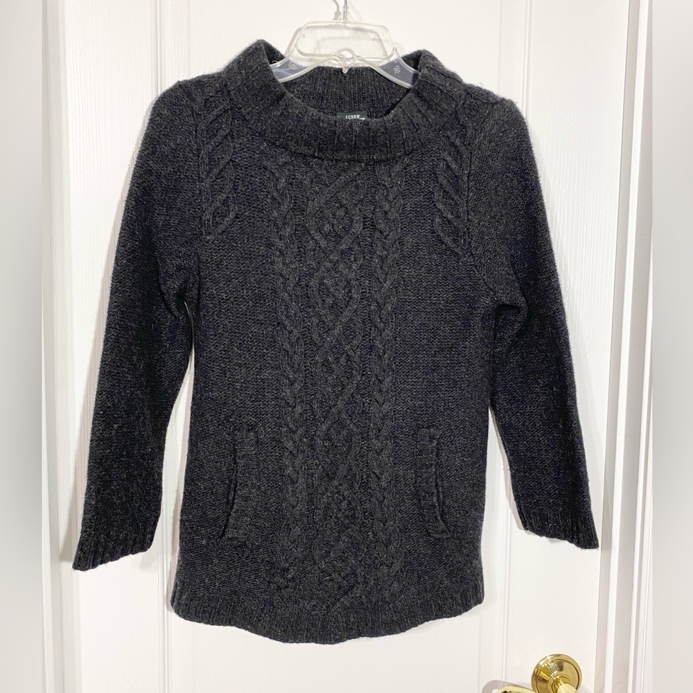 VTG 90s J.Crew Wool CASHMERE Cable Knit Bracelet Sleeve Sweater Charcoal Medium